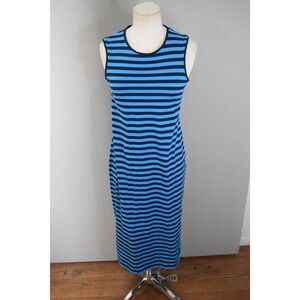 Marimekko Blue Navy Striped Sleeveless Midi Dress Small 100% Cotton Abstract Art